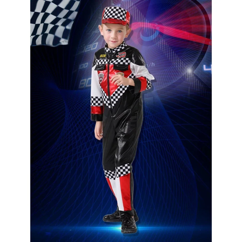 Race Car Driver Costume – Boys Size 140/L (US Age 9–10), Jumpsuit + Cap -Driver